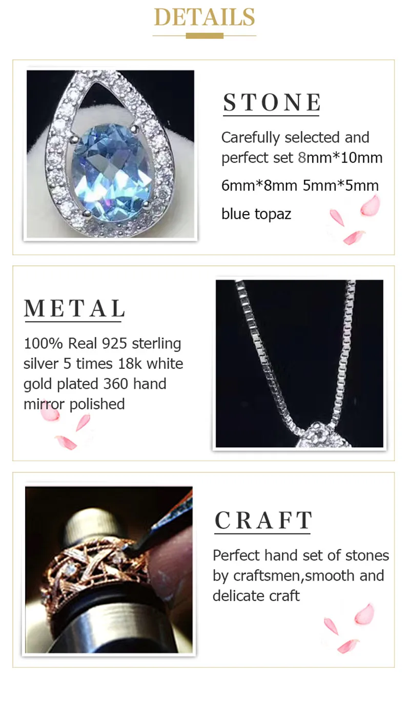 Природный камень Fine Jewelry наборы для Для женщин 925 Серебряное кольцо серьги колье подвески голубой топаз овал 3 шт. комплект CCS004-1