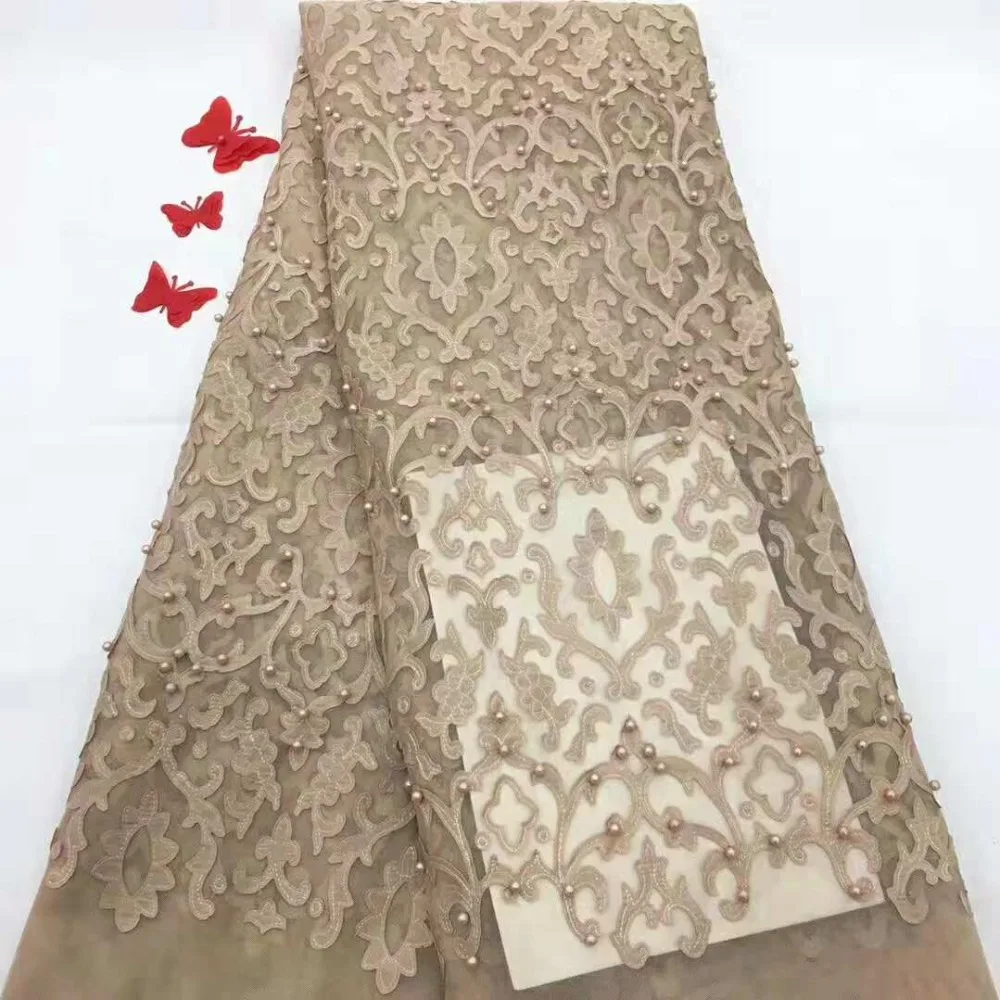Новый прибытие красивой африканской кружевной ткани высокого качества с бисерной вышивкой тюля французской сеткой для золотого вечернего платья.