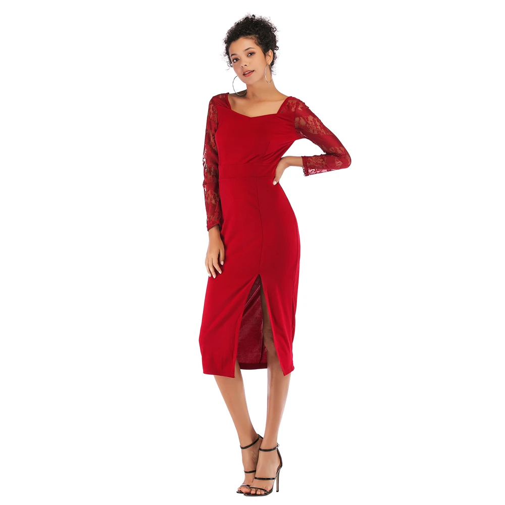 Женское платье с v-образным вырезом и длинными рукавами кружевное вышивкой