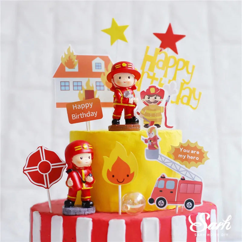 Fireman Hero Decoration Water Gun Ladder Truck Cake Topper for Children's Day Kid Happy Birthday Party Supplies Baking Cute Gift