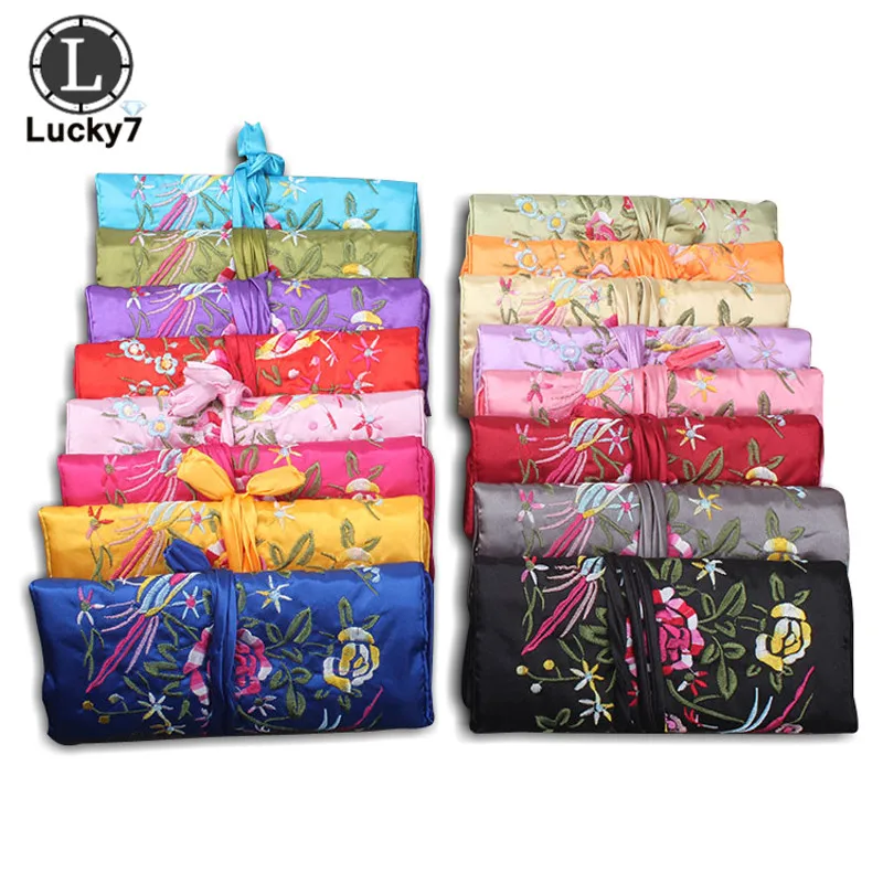 

5pcs/Lot Jewellery Zipper Bag Chinese Wind Silk Jewelry Organizer Travel Pouches With Ring Bar Embroidery Flower Hand Roll Bag