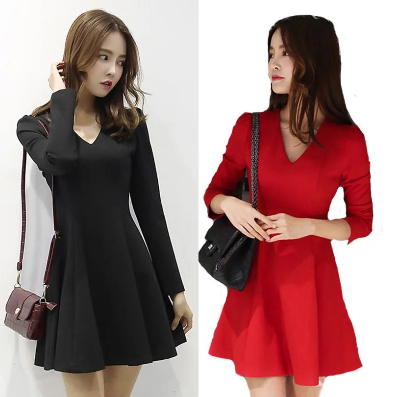 Little Black Dresses Hot Women Fashion Cute Sweet Girls Fall Winter Basic Dress Elegant Office Lady V Neck 191 | Женская одежда