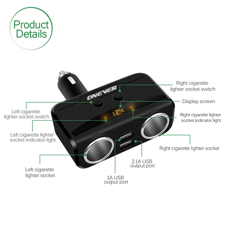 Volmeter Onever 12 В 24 Прикуривателя 3.1A Dual USB Автомобильное Зарядное Устройство Умный