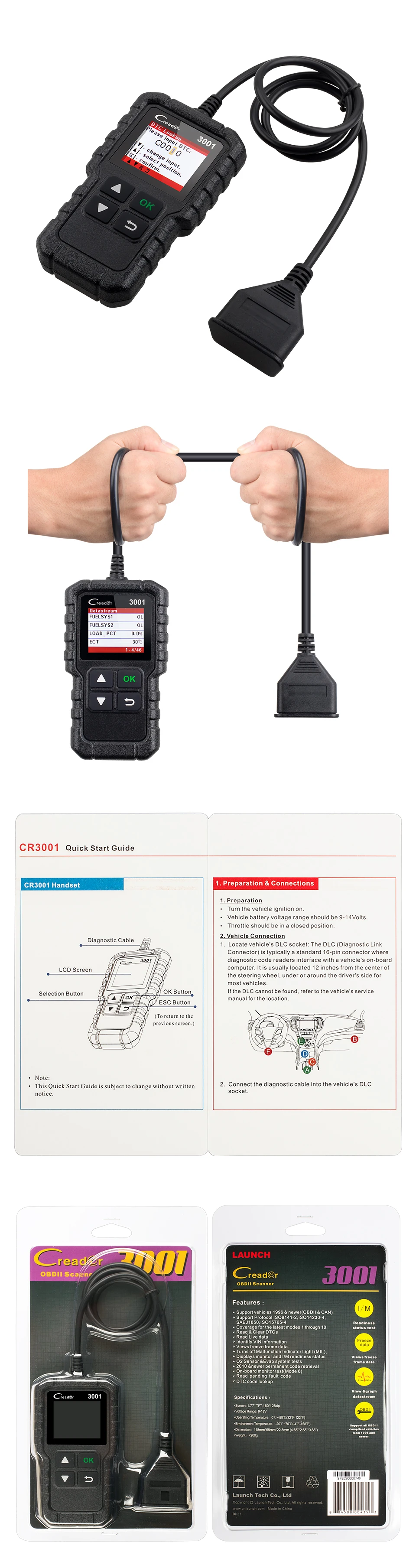 Старт CR3001 сканер Поддержка полный OBDII/EOBD(система бортовой диагностики, функция Creader V+ ELM327 OBD2 диагностический инструмент как AL519/AL319/OM123 на русском языке