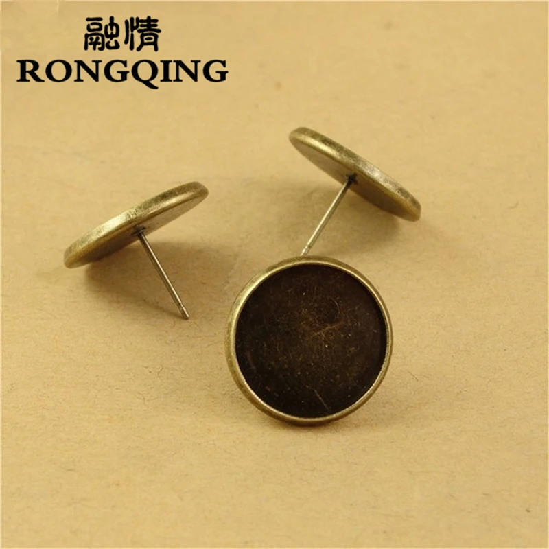 

RONGQING 50pcs/lot Retro Earrings Stud Cabochon 12MM DIY Jewelry Accessories Earring Settings in Antique Bronze