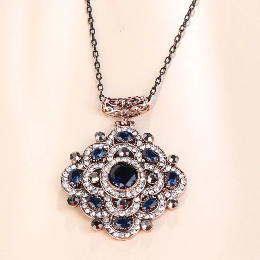 Blue Kinel Boho винтажное ожерелье для женщин, полные стразы, большое ожерелье с синей подвеской, античное серебряное цветное массивное ювелирное изделие - Окраска металла: Blue