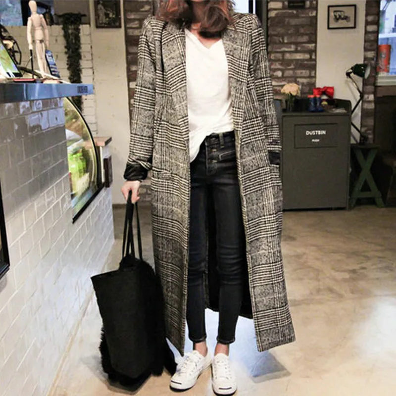 Фото Новинка большие размеры корейское зимнее клетчатое длинное шерстяное пальто