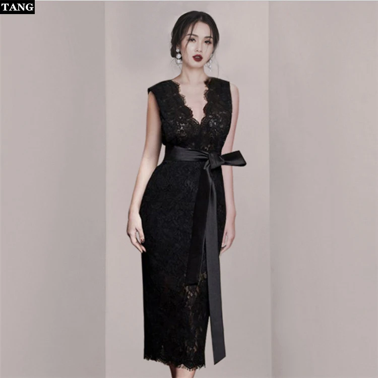 Летнее женское кружевное черное Макси-платье с v-образным вырезом Модное