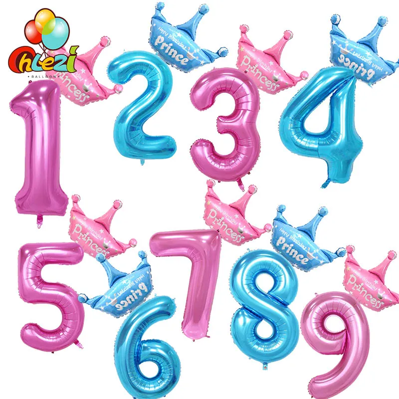 

40 inch Pink Blue Number figure foil Balloons+princess prince Foil Balloon 1 2 3 year boys girls Birthday Party decor crown ball