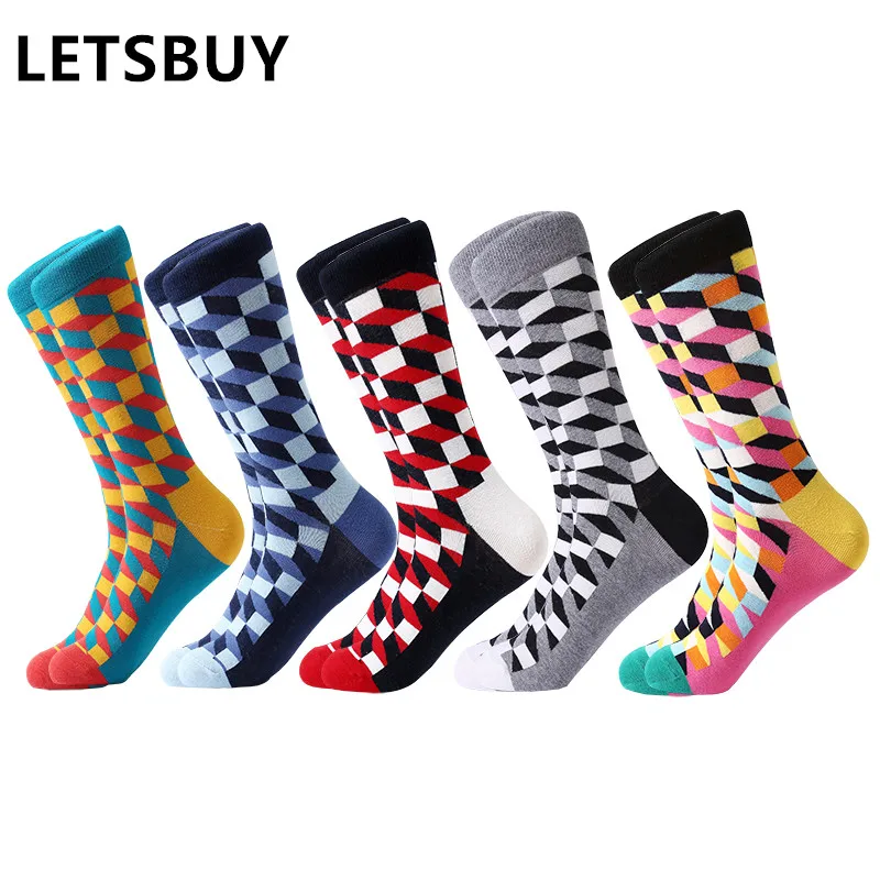 

Дропшиппинг от LETSBUY, мужские цветные носки из чесаного хлопка с рисунком ромбиками, забавные разноцветные мужские носки