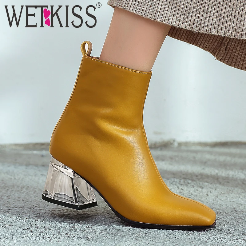 WETKISS/ботильоны на высоком каблуке со стразами; женские ботинки из коровьей кожи; обувь на молнии; женская обувь для вечеринок с квадратным носком;