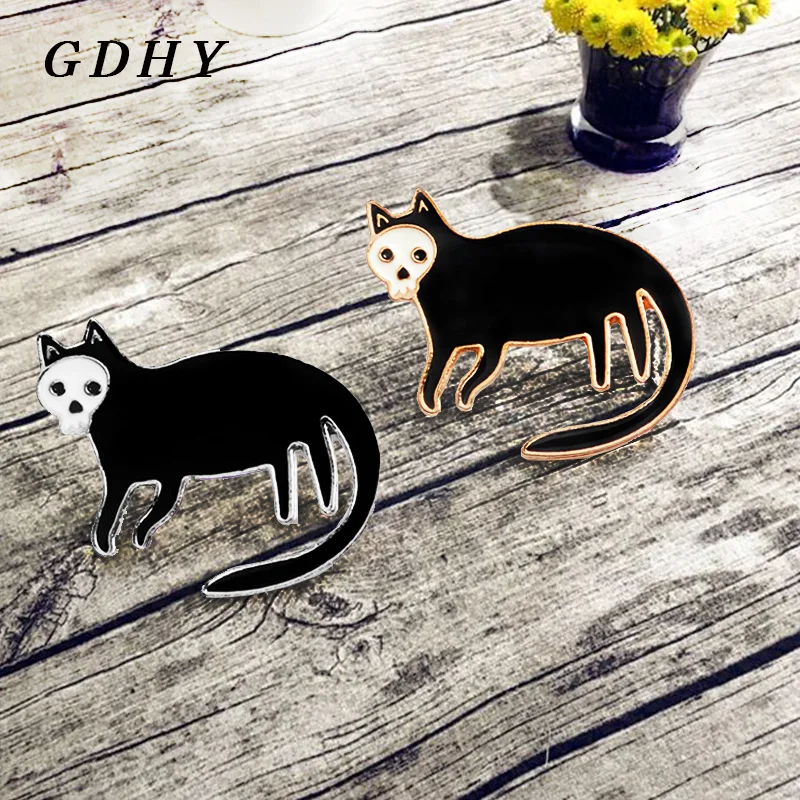 GDHY Skeleton Black Cat Brooch Skull Face Brooches Enamel Pin Backpack Shirt Collar Lapel Badges Jewelry Gifts | Украшения и
