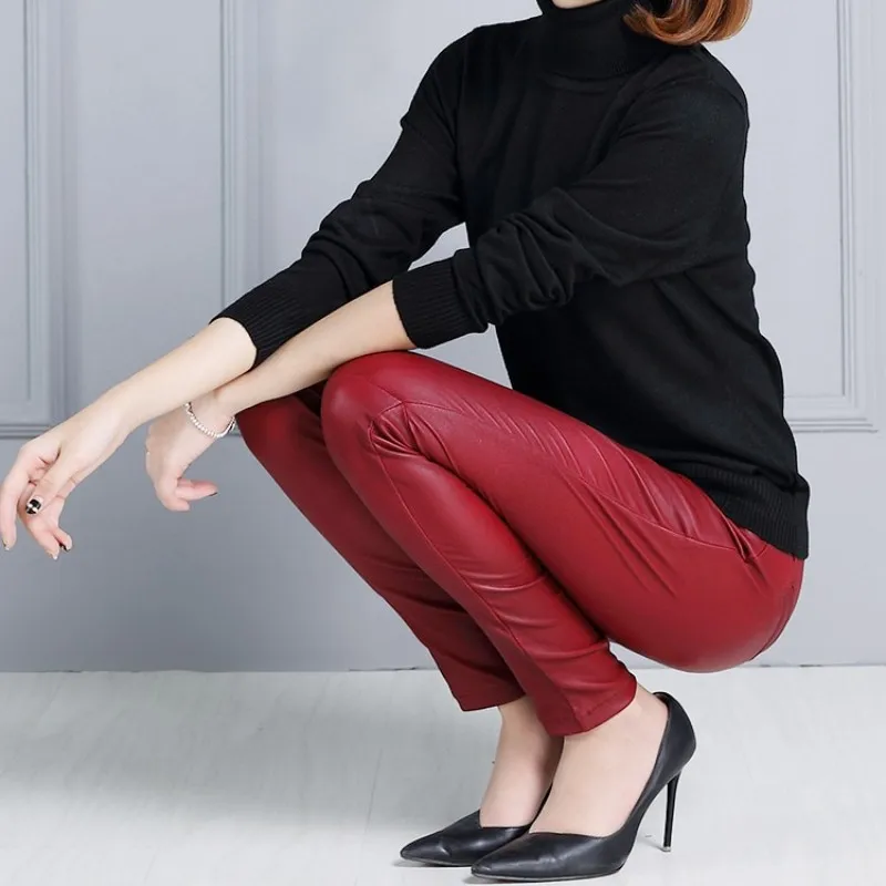 Для женщин пикантные Strechy Slim Fit Роскошные Sheepksin Натуральная кожаные зауженные брюки эластичный пояс из натуральной кожи мотобрюки OL узкие брюки