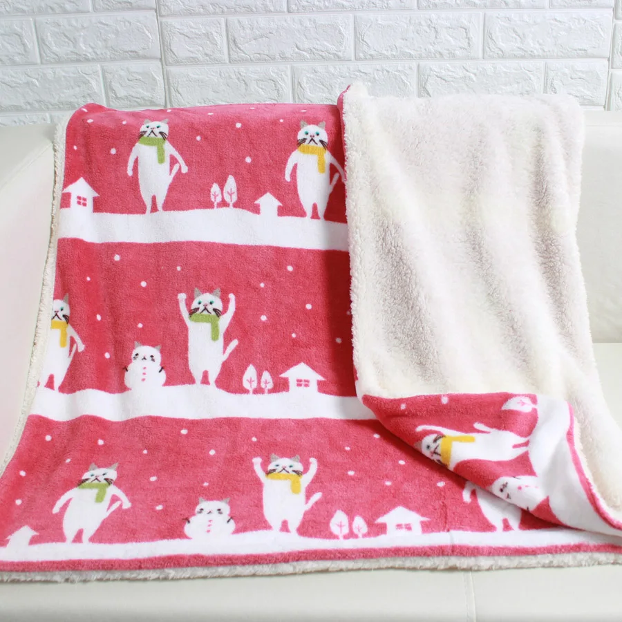 Двойное одеяло в японском стиле из ягненка зимнее виде снежной кошки котенка