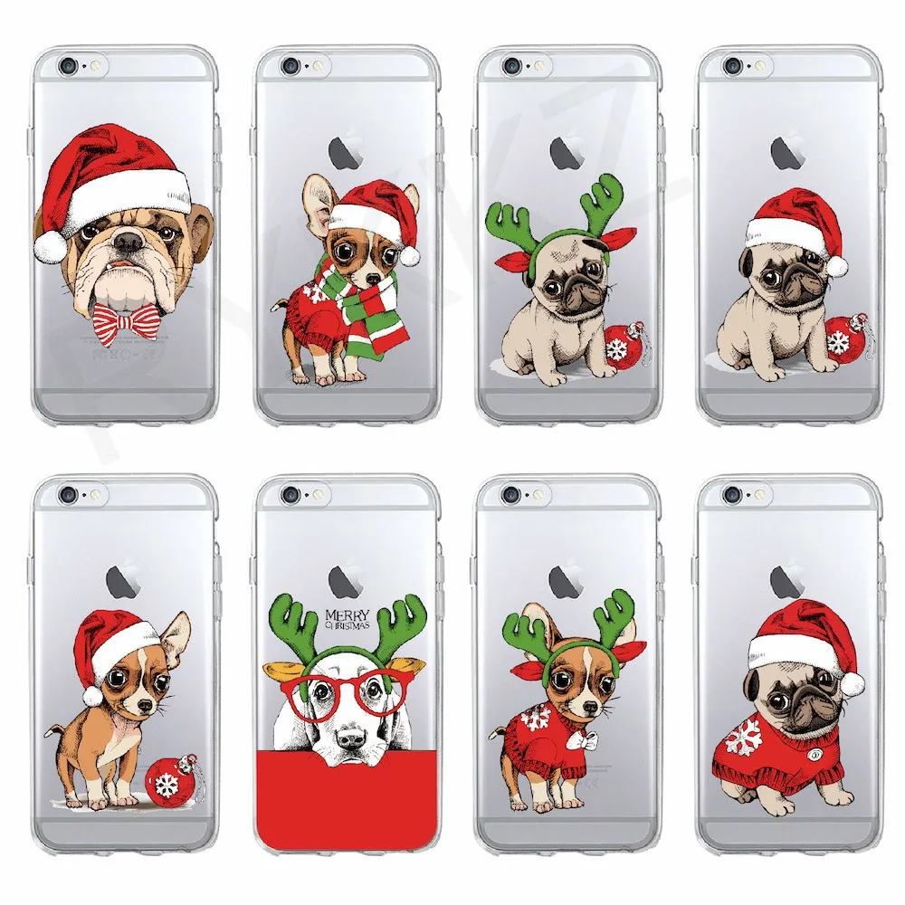 Cute Cartoon Pug Dog Christmas Case for iPhone X XS max Xr Transparent Soft Silicon Capa Fundas 8 7 6 6S Hoesje Girls |