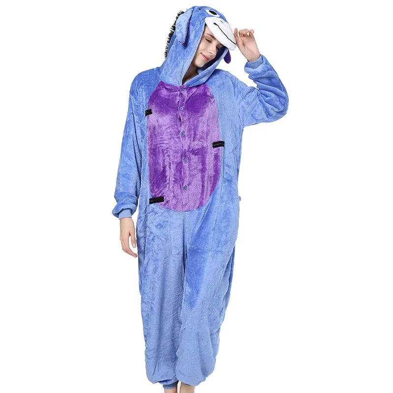 Blue Donkey Kigurumi Onesie Adult Women Animal Pajamas Suit Flannel Warm Soft Sleepwear Onepiece Winter Warm Pijama Cosplay