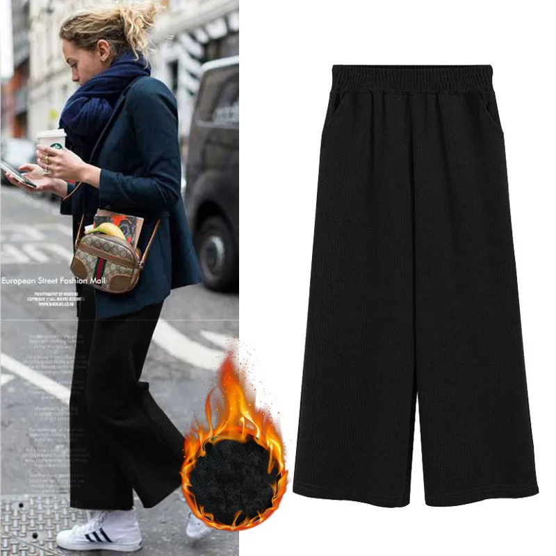 

Women Winter Wide Leg Pants Thick Warm Velvet Knit Wide Leg Trousers High Waist Loose Causal Female Fleece Trousers Plus Size