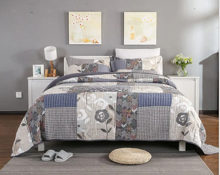 

Pure Cotton Quilting king size 230x250 American Patchwork Quilt Embroidery Floral leave Grey Bedspread Bed Cover Washable Quilts