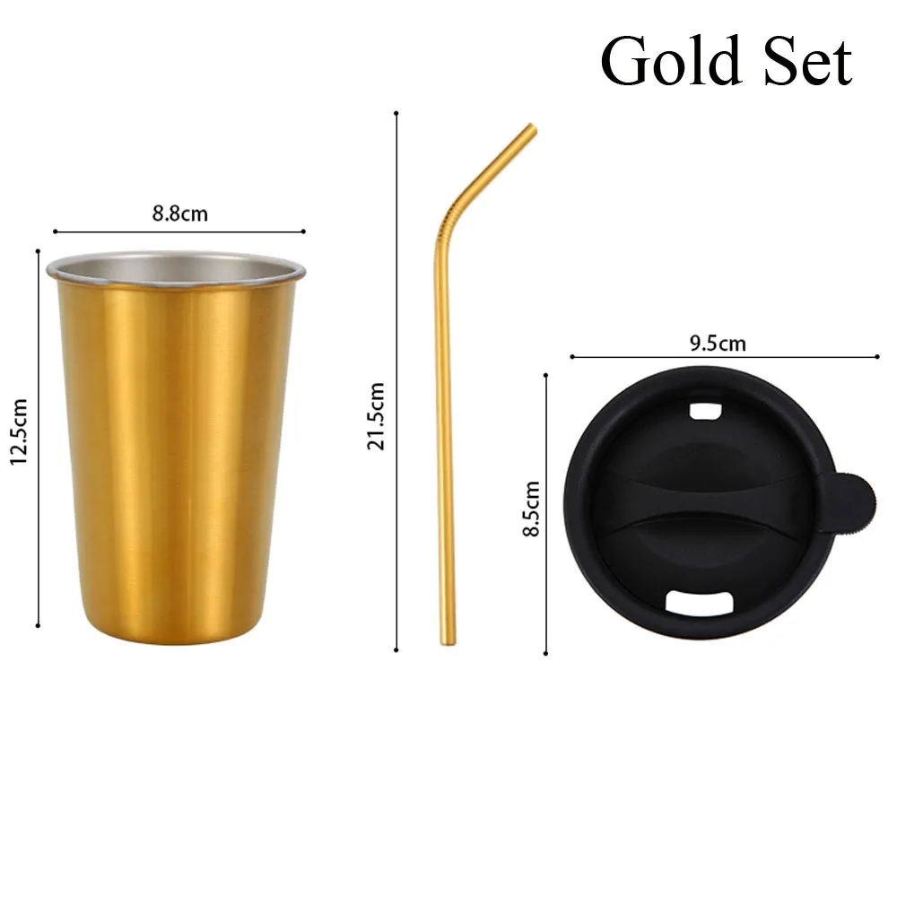 Gold Set 500 мл металлические кофейные кружки из нержавеющей стали, многоразовые стаканчики с соломинкой, кружка для путешествий на открытом воздухе, для кемпинга, для питья, сока, чая, пива, вечерние стаканчики - Цвет: Gold Set
