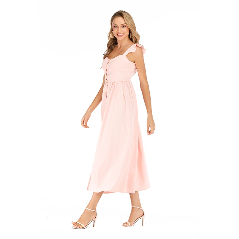P Ammy 2019 Women Sleeveless Strap Mid-Long Dress Elegant Single-Breasted Stand Party female Solid Maxi vestido | Женская одежда