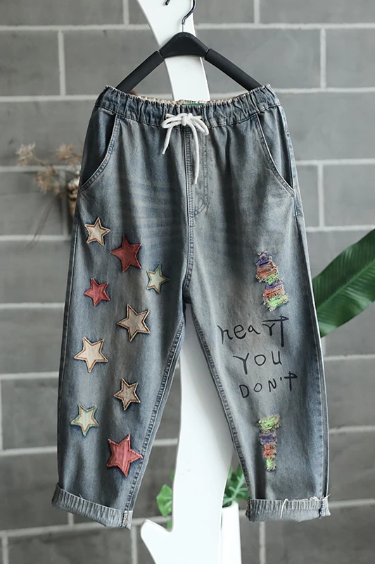 Женские джинсы с потертостями по щиколотку штаны-шаровары из хлопка эластичной