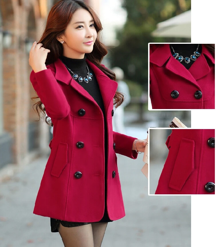 Женское двубортное шерстяное зимнее пальто с длинными рукавами и лацканами