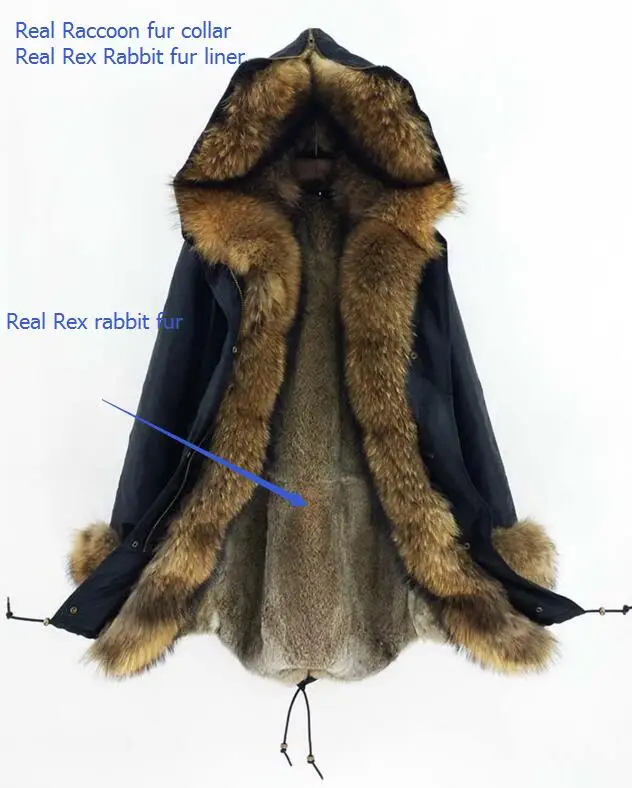 B Rabbit fur liner Новинка, пальто из натурального меха, длинная парка, зимняя куртка, Женская подкладка из натурального кроличьего меха, воротник из натурального меха енота, уличная одежда - Цвет: B Rabbit fur liner