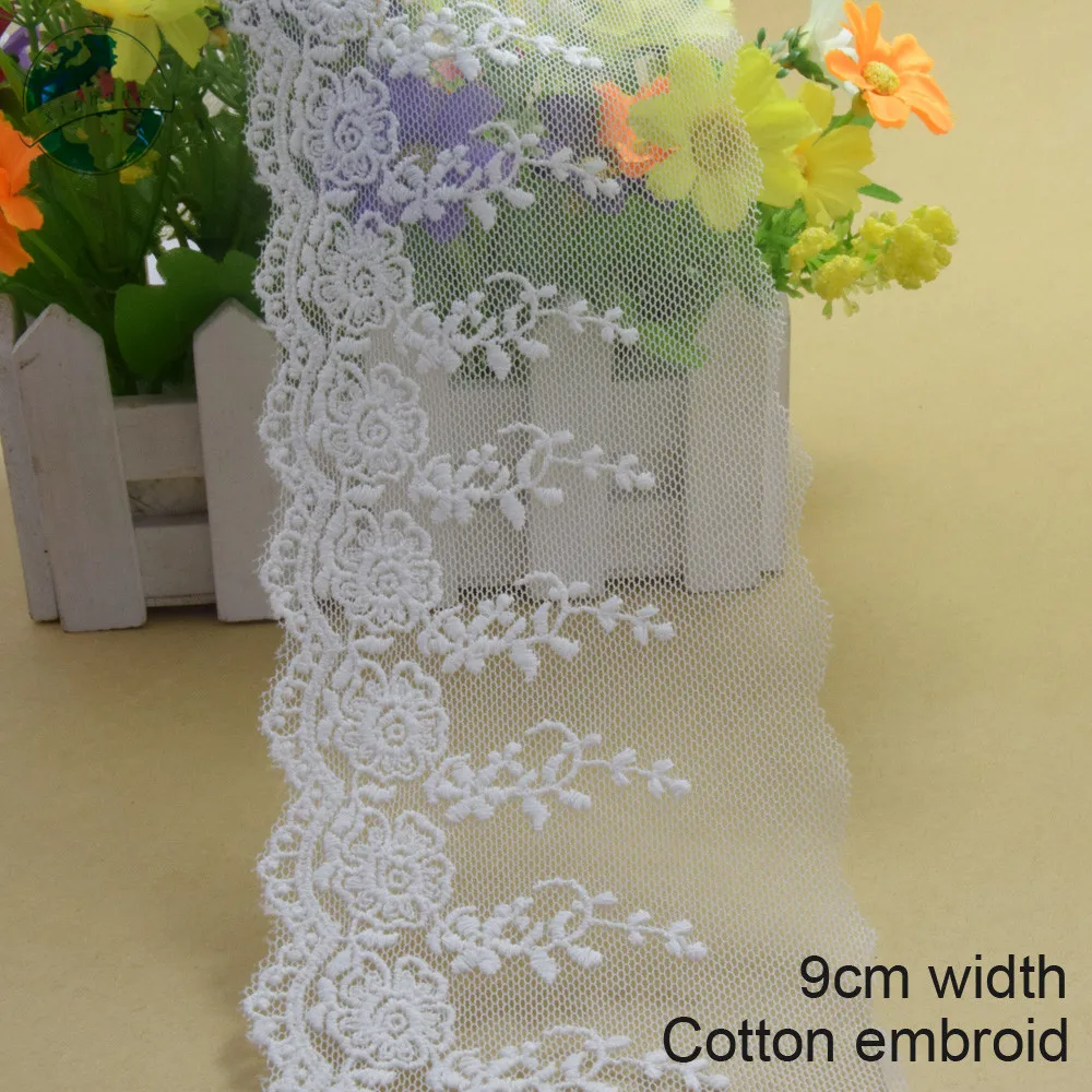 

10 ярдов, 9 см, белая кружевная хлопковая вышивка, кружевная французская кружевная лента, ткань из гипюра, «сделай сам», отделка, основовязани...