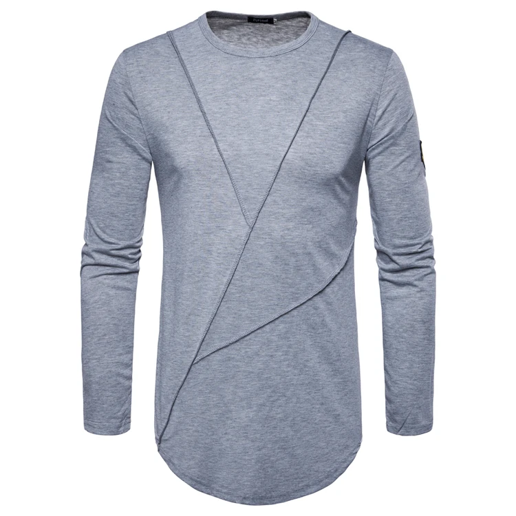 2019 New Men's T-shirt Summer Round Neck Casual Long-sleeved Stitching Bottoming Shirt Solid Color Long- | Мужская одежда