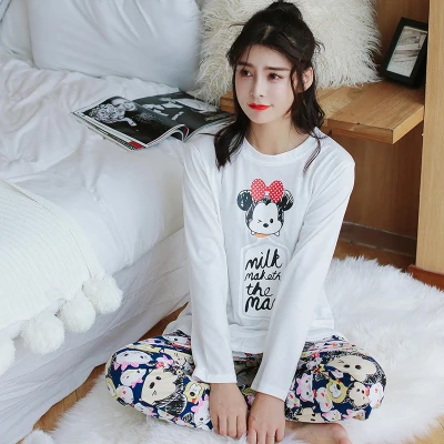 Хлопковые пижамы Для женщин зимние с Микки Маусом милый пуловер длинными
