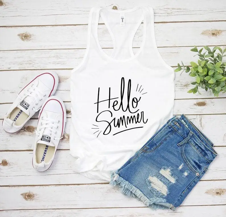 vest Hello Summer tanks women fashion undershirt casual singlet street style art harajuku slogan Aesthetic sleeveless garment | Женская