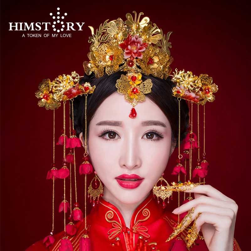 Китайский традиционный свадебный головной убор длинный красный цветок Кисточки