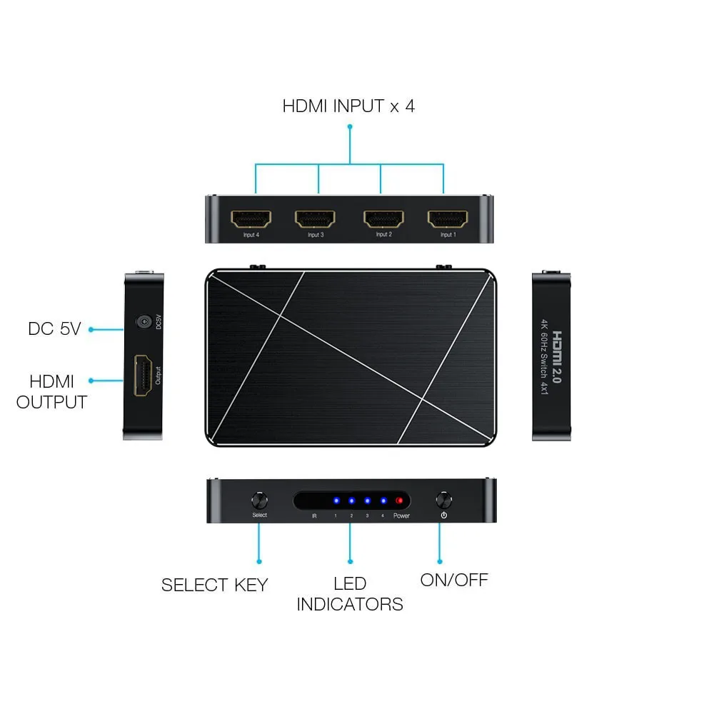 4x1 HDMI 2,0 переключатель 4K 60Hz 4:4:4 HDR HDMI коммутатор 4 порта Селектор HDMI 4K с пультом дистанционного управления