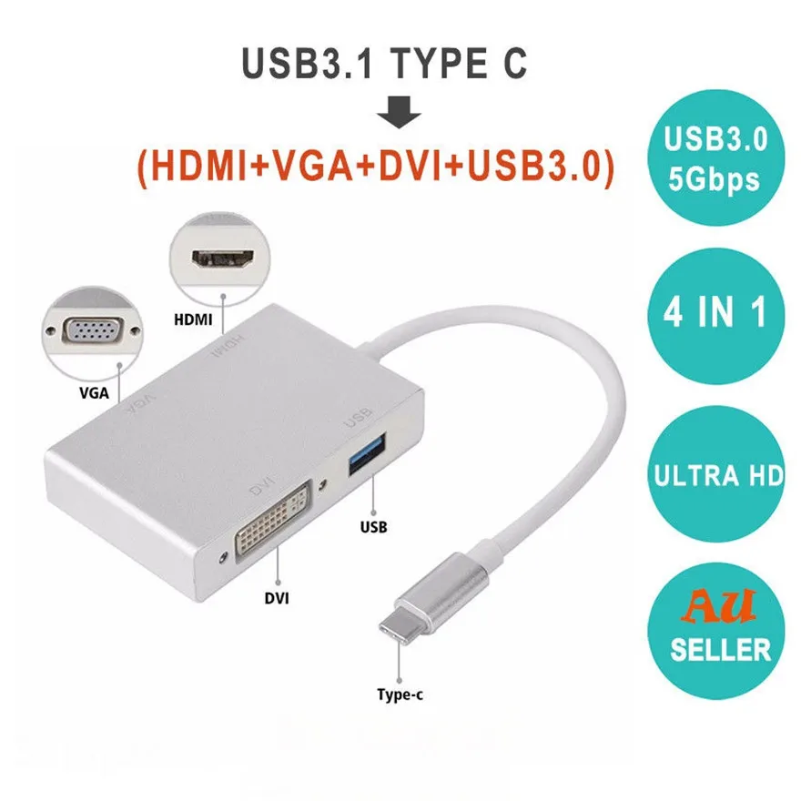 Кабель-адаптер 4 в 1 USB 3 C HDMI VGA DVI для ноутбуков Apple Macbook Google Chromebook Pixel 30 шт. |