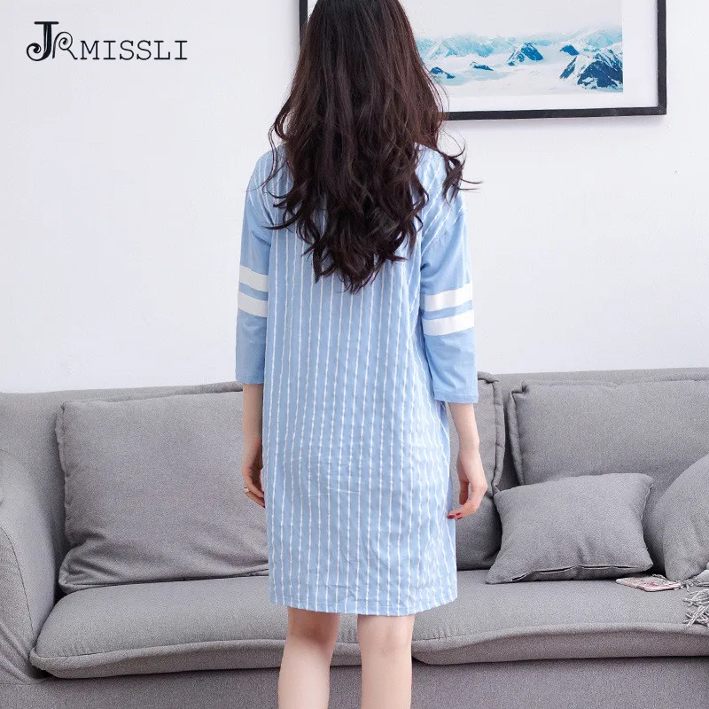 JRMISSLI 2017 Мода Корейский Стиль Лето Три Четверти Синий Полосатый Ночные Сорочки