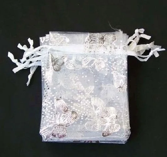 

100pcs Nice butterfly Organza Pouch Wedding birthday party jewelry Gift Bag 7*9 cm white