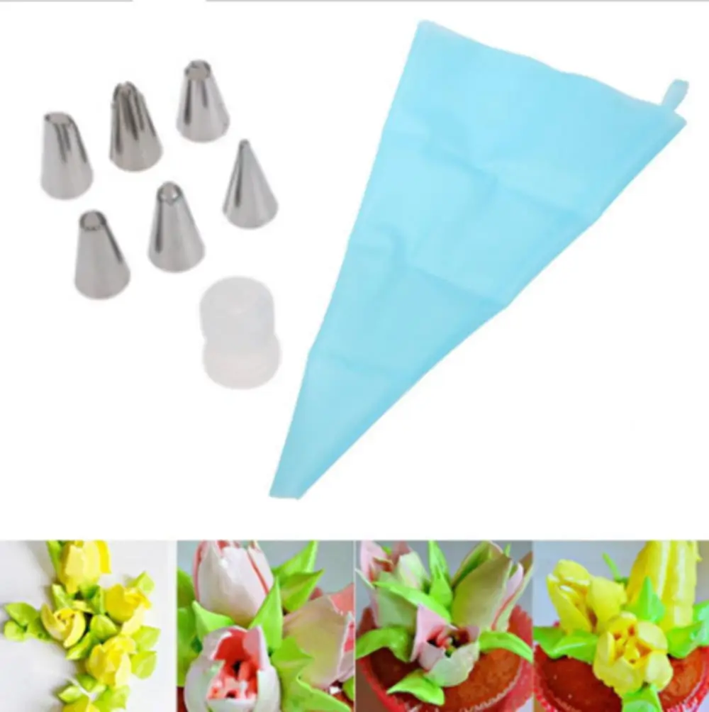 8 шт./компл. силиконовые Кухня аксессуары Обледенение Трубопроводы Крем кондитерский мешок+ 6 Нержавеющая сталь комплект насадок насадки для украшения тортов «сделай сам»; комплект