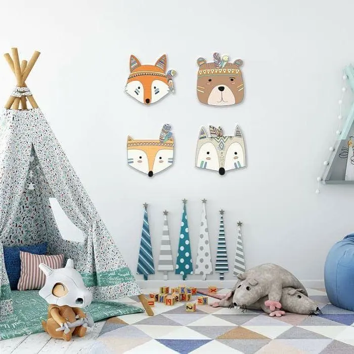 Cute Fox Animal Building Block Wooden Toy Model Wall Stickers Posters For Kid Room Cartoon Nursery Home Children Decoration | Дом и сад