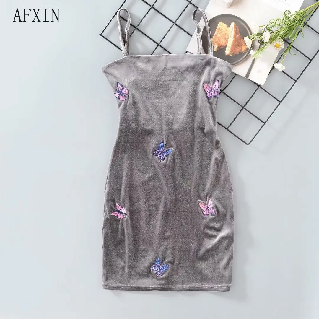 Черно серое платье бабочка женское милое мини на бретелях спагетти с вышивкой и