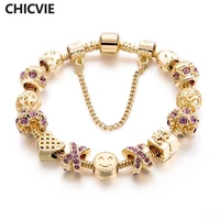 chicvie romantic gold color charm bracelets bangles purple crystal smile face beaded women bracelet brand jewelry sbr160131