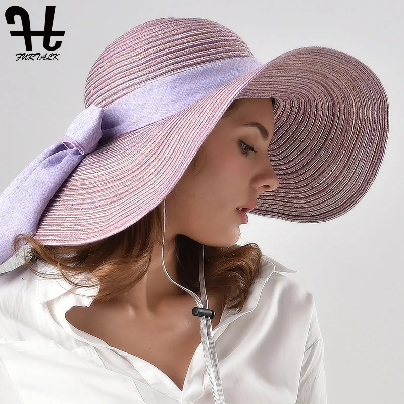 Женская Соломенная шляпка FURTALK складная с широкими полями и лентами Пляжная