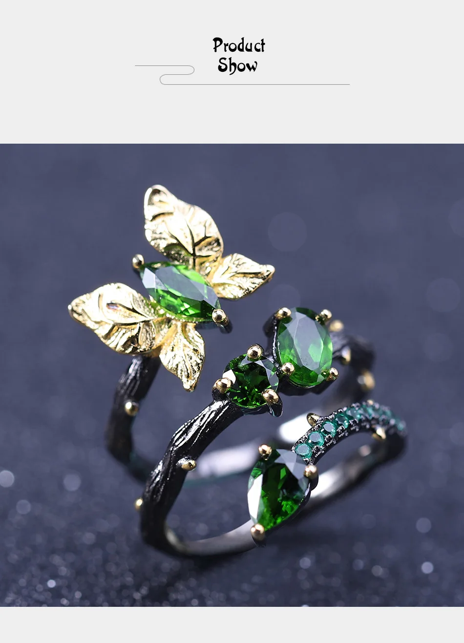 GEM'S BALLET 1.84Ct натуральный хром диопсид драгоценный камень кольцо Настоящее 925 пробы Серебряная бабочка ветка Открытые Кольца для женщин