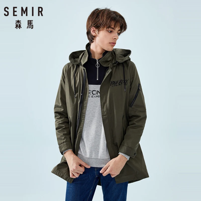 SEMIR мужская длинная куртка с капюшоном на весну и осень карманами молнии