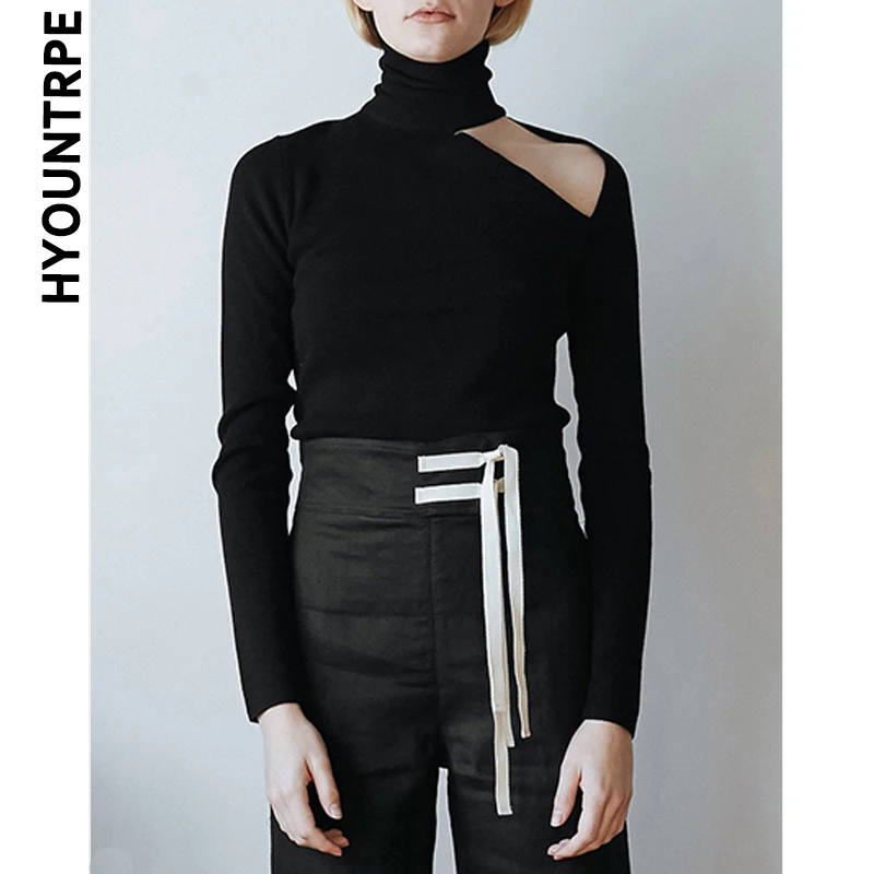 Sexy One Shoulder Hollow Out Knitting Bodysuits Women Turtleneck Slim Long Sleeve Sweater Fashion Runway Knitted Jumper Playsuit | Женская