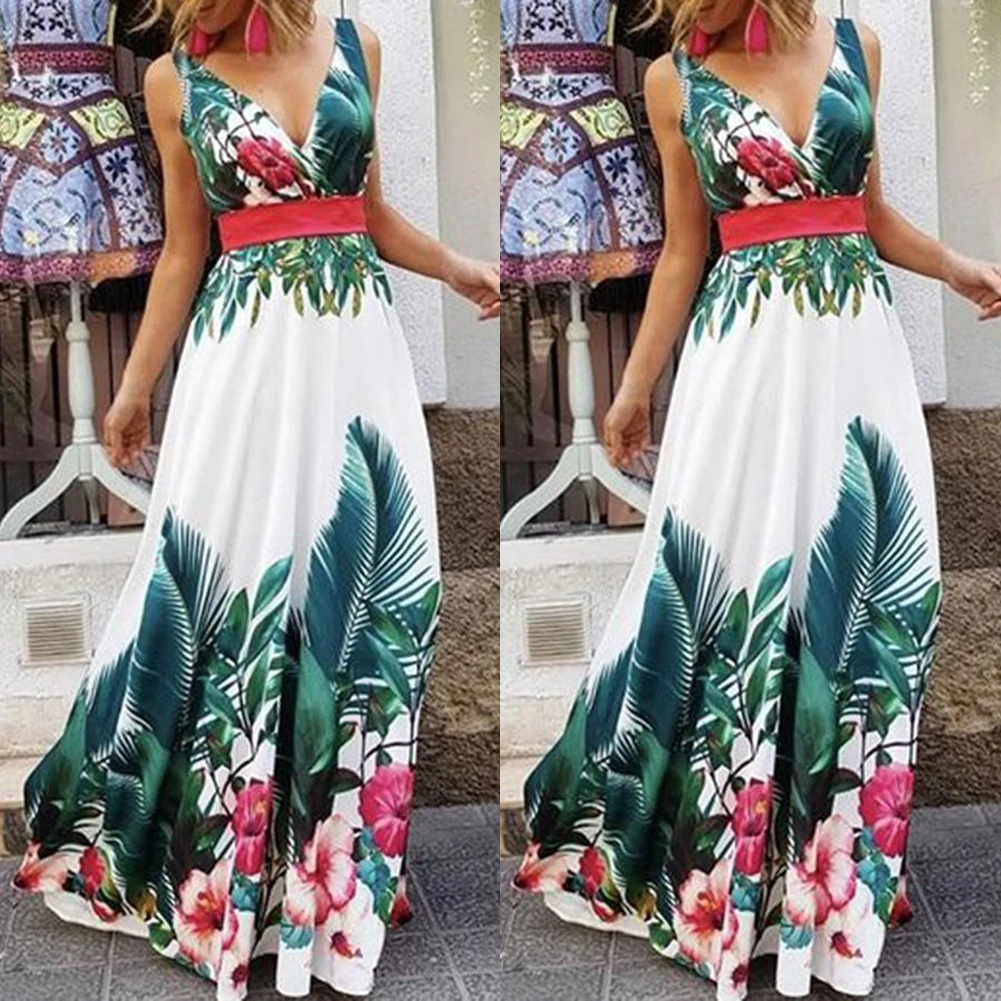 Новый Boho женское флористическое длинное платье без рукавов с вырезом в форме