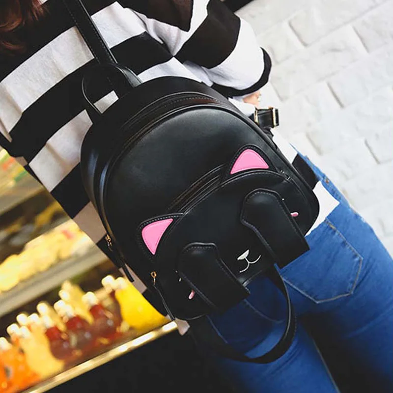 Модный женский рюкзак с мультяшным котом кожаный регулируемым ремешком для