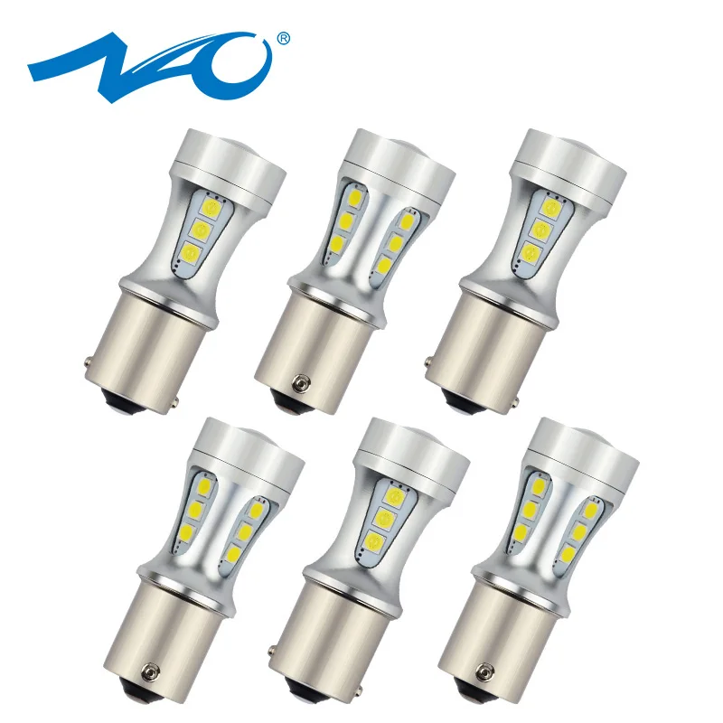 NAO 6x P21W светодиодный BA15S СВЕТОДИОДНЫЙ Фонарь 1156 светодиодный p21w DRL S25 6000K белый 5 Вт стоп-сигнал лампа заднего хода авто красная Автомобильная задняя лампа 3030 фишек