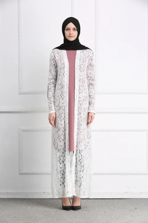 Мусульманский кружевной открытый abaya полный платья кардиган-кимоно полые длинные халаты Jubah Ближний Восток Рамадан Арабский исламский одежда - Цвет: WHITE