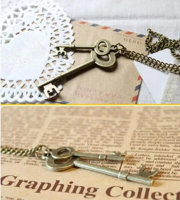 (Min.Order is $15 can mix order)Vintage two keys necklace.wholesale jewelry Free shipping |