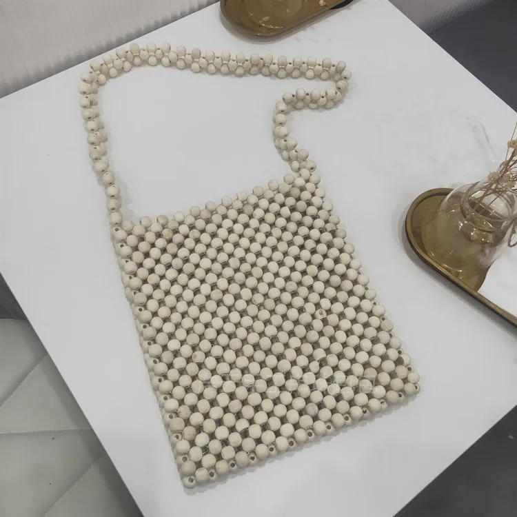 Модная женская сумка с деревянными бусинами вязаный жемчужный клатч ручной